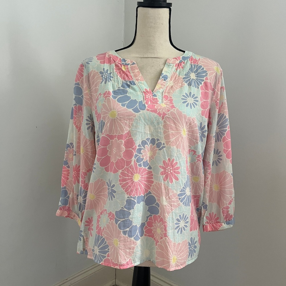 Talbots Floral Cotton Tunic size Medium Pink Blue Top 3/4 Sleeve Hippie Coastal